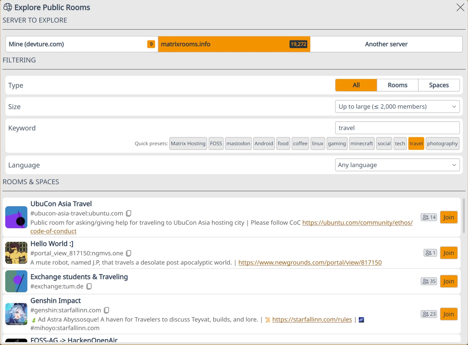 Komai room directory searching public Matrix rooms through matrixrooms.info
